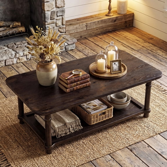Finmind 47 inch Rectangle Coffee Table, Modern Farmhouse Solid Wood Center Table with 2-Tier Storage, for Living Room, Dark Brown