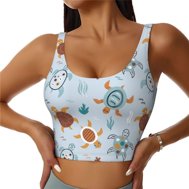 Fotbe Sea Turtle Sujetador Deportivo Largo sin Aros para Mujer con Almohadillas y Soporte Medio, Transpirable y Absorbente, Camiseta Tipo Chaleco o Tank Top-Large