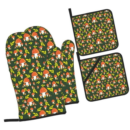 

Honeii Mushroom Leaf Pattern Oven Mitts and Pot Holders Silicone Oven Gloves 500 F Heat Resistant Oven Mitts Sets 4PCS