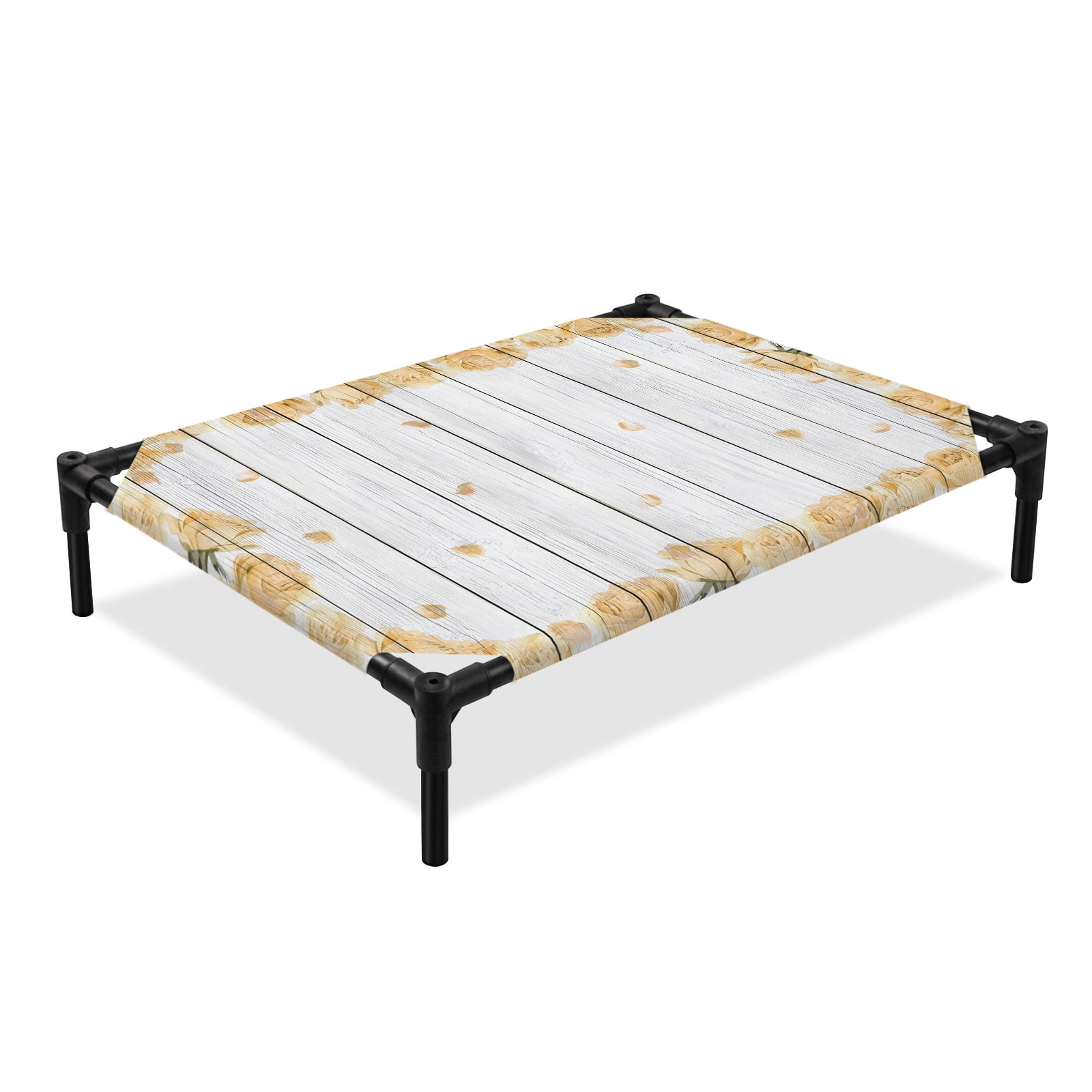 Farmhouse Flower Elevated Dog Bed Orange Rose Wreath Rustic Country White Wood Grain Cooling Breathable Outdoor Raised Dog Cot Bed with Metal Frame Non-Slip Feet for Medium Dog 24x20in