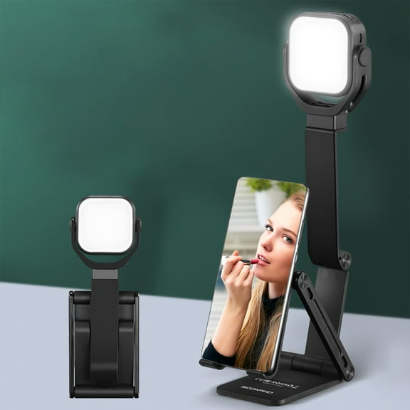 Kraoden Foldable Phone Stand with LED Light, Adjustable Multi-Functional Cell Phone Holder for Makeup, Live Streaming, and Watching TV, 360° Rotation, Built-in Battery, 3 Lighting Modes