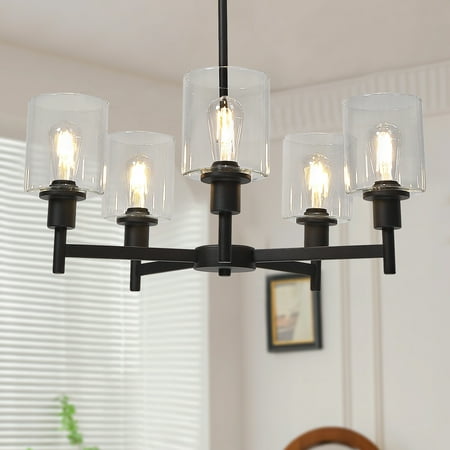 

Black Chandelier for Dinning Room Living Room Island Kitchen Chandelier Light Fixtures Over Table 3 Light Farmhouse Chandelier with Cylinder Clear Glass Height Adjustable
