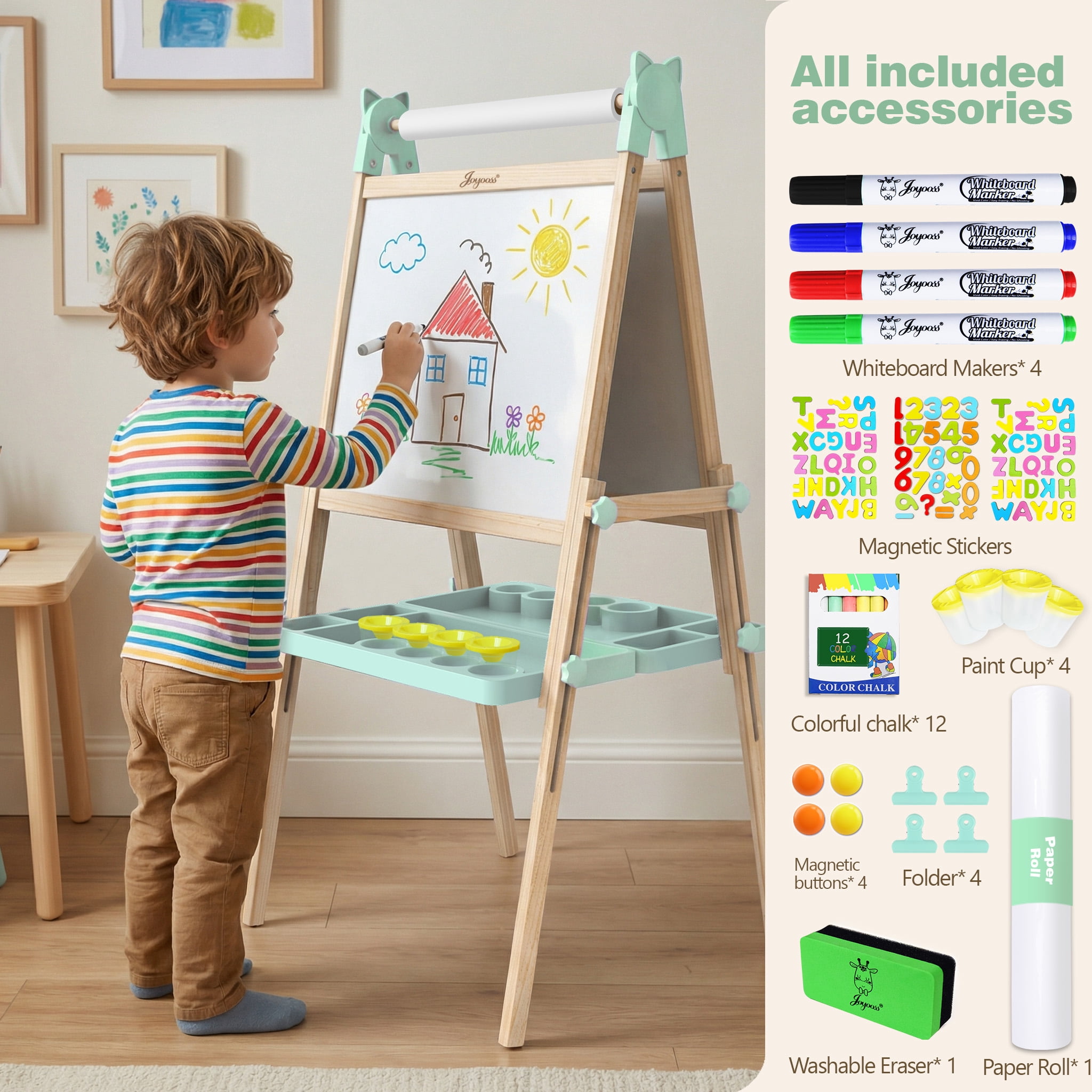 JOYOOSS Easel for Kids Ages 4-8 Easels for Toddlers Art Kids Easel Age 8-12 Wooden Drawing Easels Double-Sided Magnetic Whiteboard Chalkboard with Paper Roll for Kid Dry Erase Board G
