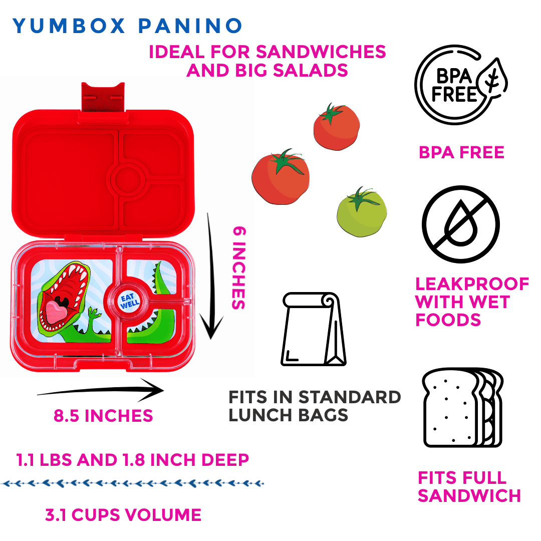Yumbox Panino Leakproof Bento Lunch Box – Wow Red Dino, 4 Compartments, Removable Tray, BPA-Free.