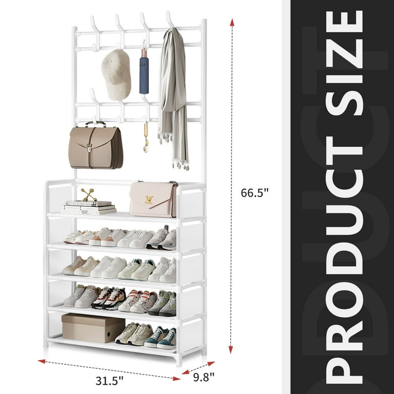 BRC Shoe Rack with Coat Rack Freestanding Hall Tree for Entryway 5 Tier Shoe Rack for Front Door Entrance White