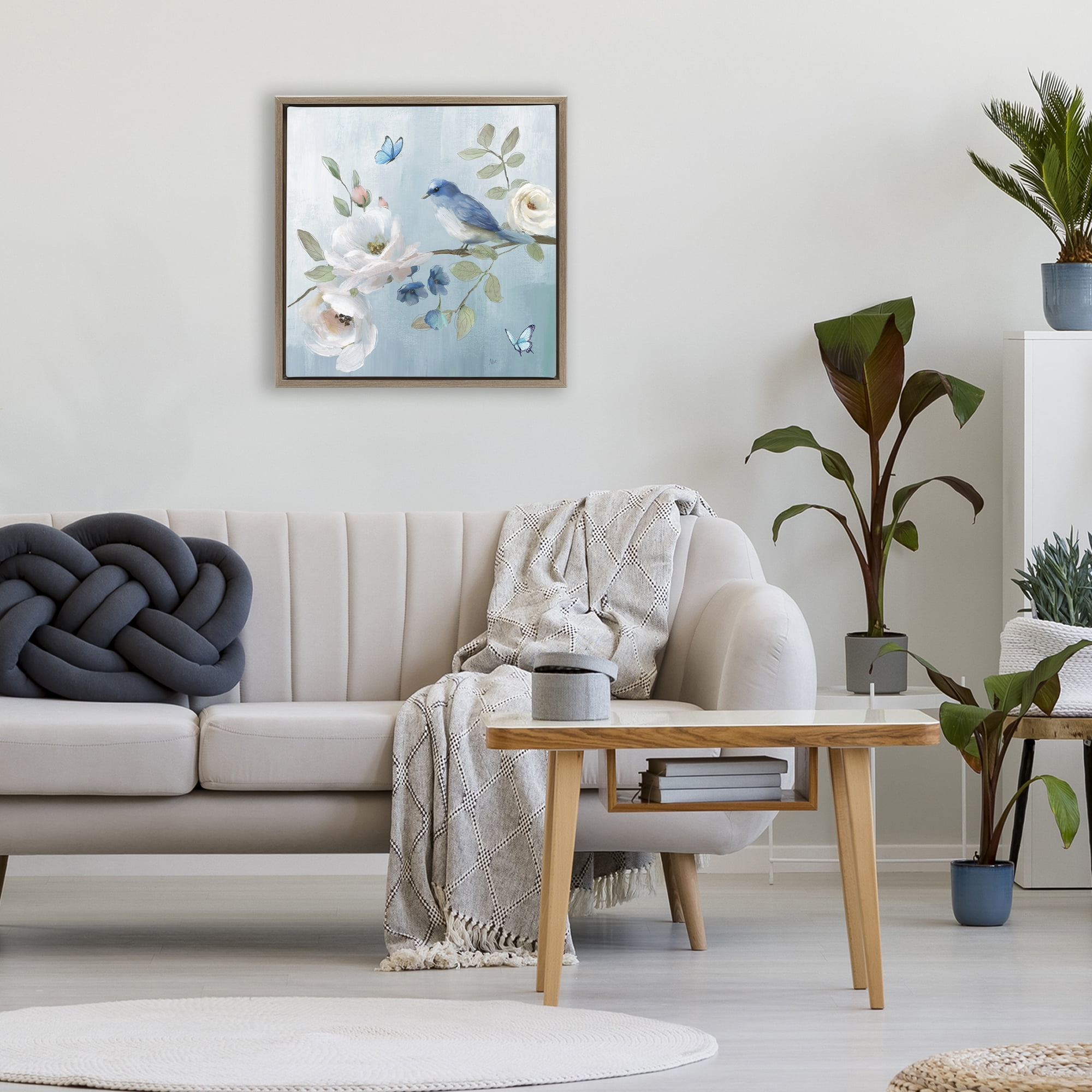 Stupell Industries Pastel Blue Bird Blooms Brown Framed Floater Canvas Wall Art, design by Nan