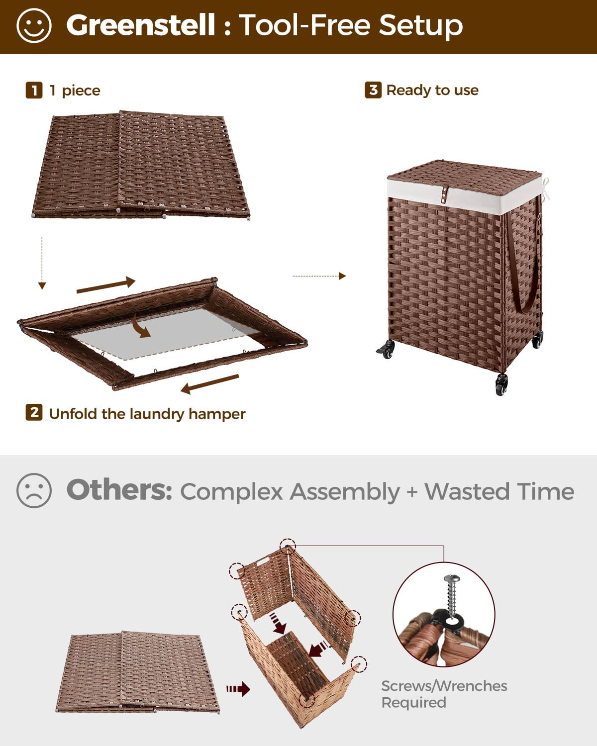 Rolanstar 90L Laundry Hamper with Wheels, No Install Needed, Divided Handwoven Hampers & 2 Removable Liner Bags, Synthetic Rattan Clothes Laundry Basket with Lid & Handles, Foldable Hampers Brown