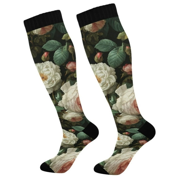 FORMRS Womens Knee High Socks Casual Long Thick Travel Daily Wear, 1 Pair, White and Pink Roses