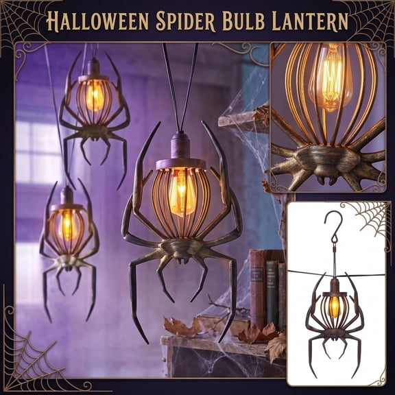Halloween Vintage Metal Spider Cage Hanging Lights, Gothic Spider Shaped Wire Lantern LED Bulb Pendant Lamp for Halloween Porch Tree Haunted House Decor