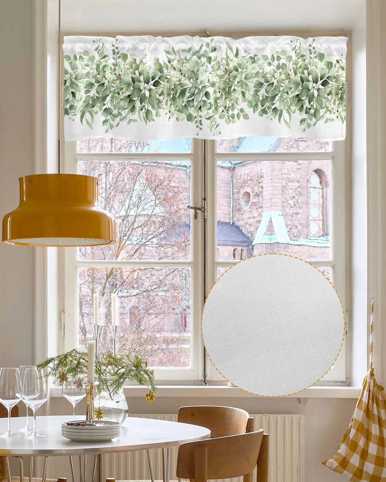 Sage Green Eucalyptus Linen Curtain Valance for Bedroom/Bathroom/Kitchen/Living/Dining Room Window,Country Nature Plant Leaves Botany White Pocket Topper Drapes Decorative Cafe Drapery Panel 54"x18"