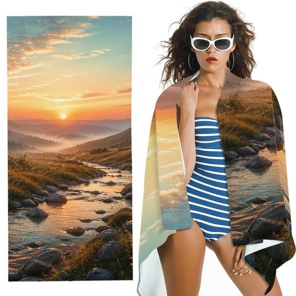 RKSupls  Quick Dry Sand-Free Large Pool Beach Towel for Travel Camping
 - Sunset Mountain River Print,  for Bathroom, beach- 30x60 in