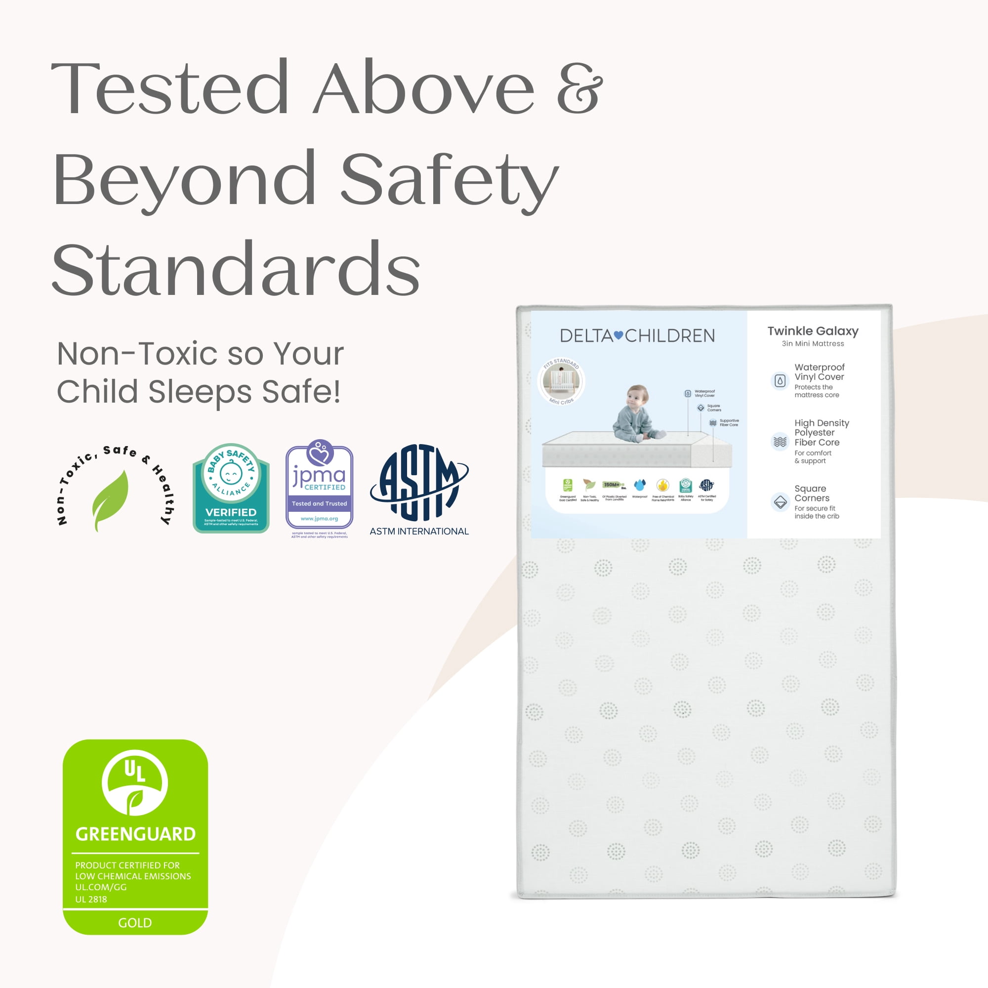 Delta Children Twinkle Galaxy 3-inch Mini/Portable Crib Mattress - Sustainably Sourced Fiber Core - Waterproof - GREENGUARD Gold Certified - 10 Year Warranty | Does Not Contain Toxic Fire Retardants
