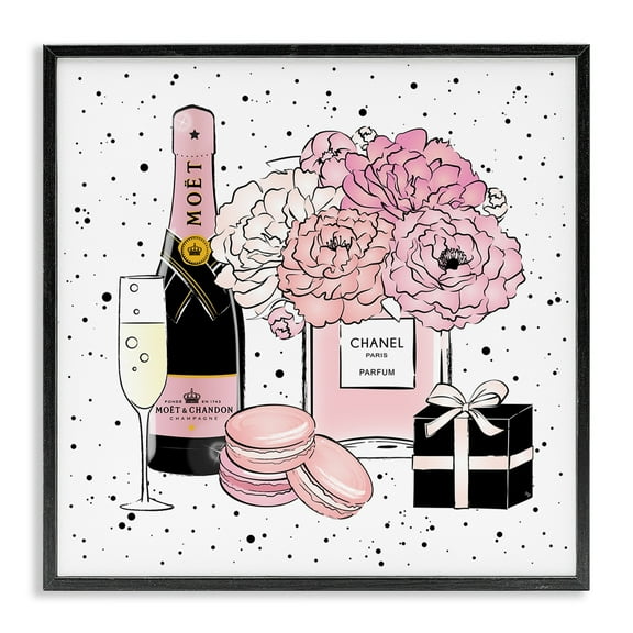 Stupell Industries Pink Glam Celebration Fashion Dessert Champagne Beauty & Fashion Painting Black Framed Art Print Wall Art, 12 x 12