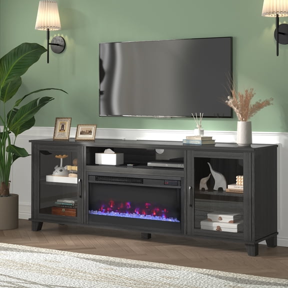 PAPROOS Fireplace TV Stand for 60" Inch TV, TV Console with 23" Electric Fireplace, Adjustable Flame Color, Entertainment Center Television Console Table for Living Room, Black