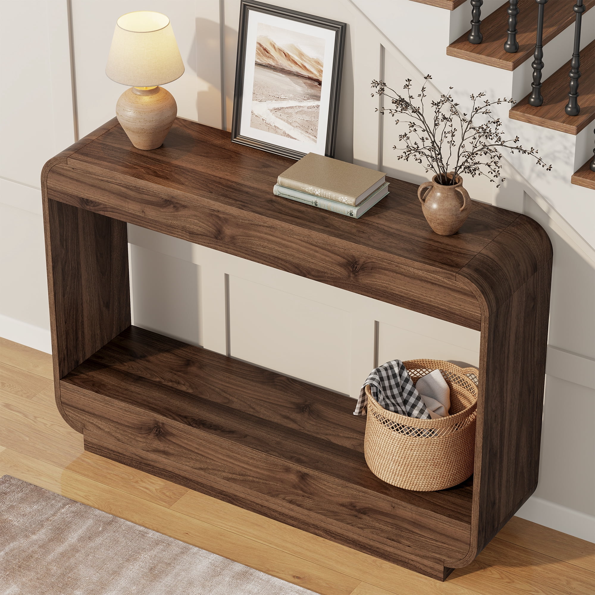 Laintene Console Table, 43" Curved Entryway Table, Wood Sofa Tables Behind Couch with Open Shelf, Entry Table for Entrance, Hallway, Living Room, Walnut