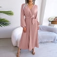 thumbnail image 2 of QIYAGBSA Pleated Maxi Dress for Women Soft V Neck Tie Waist Swing Dress Lantern Sleeve Long Sleeve Fall Winter, 2 of 8
