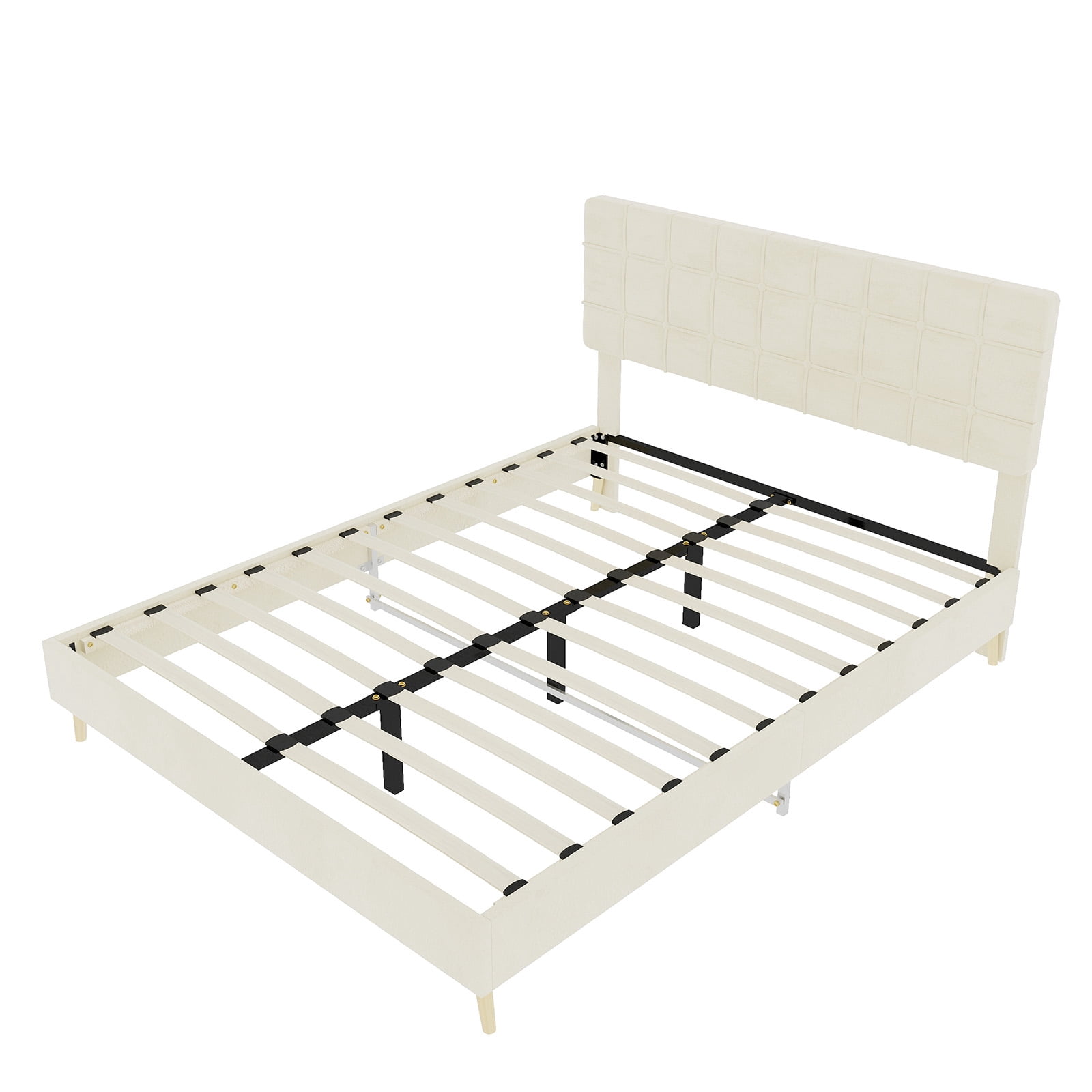 Leumius Queen Size Upholstered Platform Bed Frame with Tufted Headboard and Ergonomic Padding,Beige