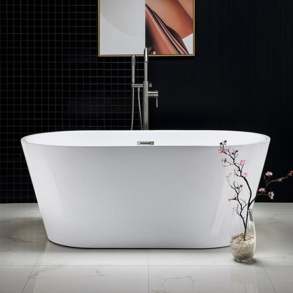 Woodbridge 59" Acrylic Freestanding Bathtub Contemporary Soaking Tub with Brushed Nickel Overflow and Drain, B-0014