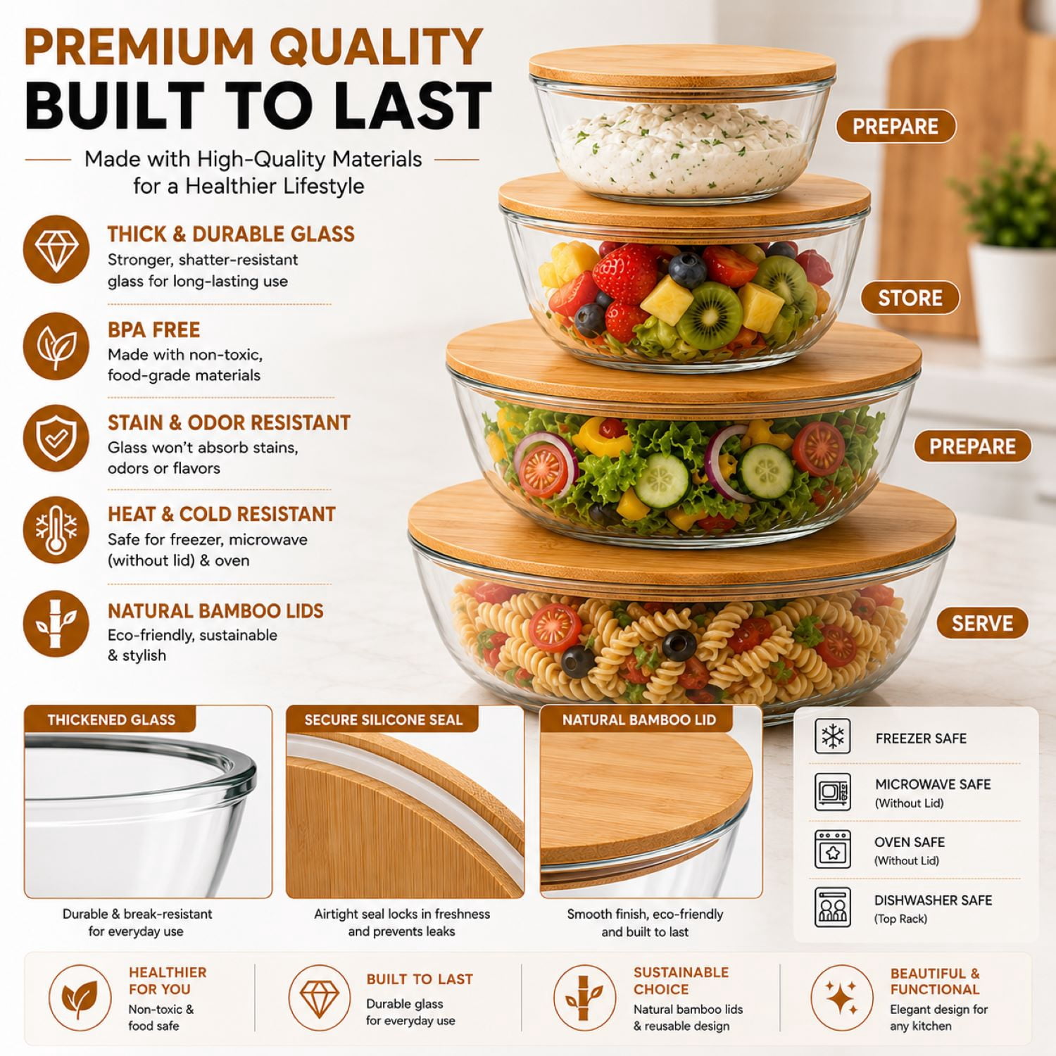 Sorbus 4-Piece Glass Mixing Bowl Set with Airtight Bamboo Lids, Assorted Sizes, Nesting Storage Bowls