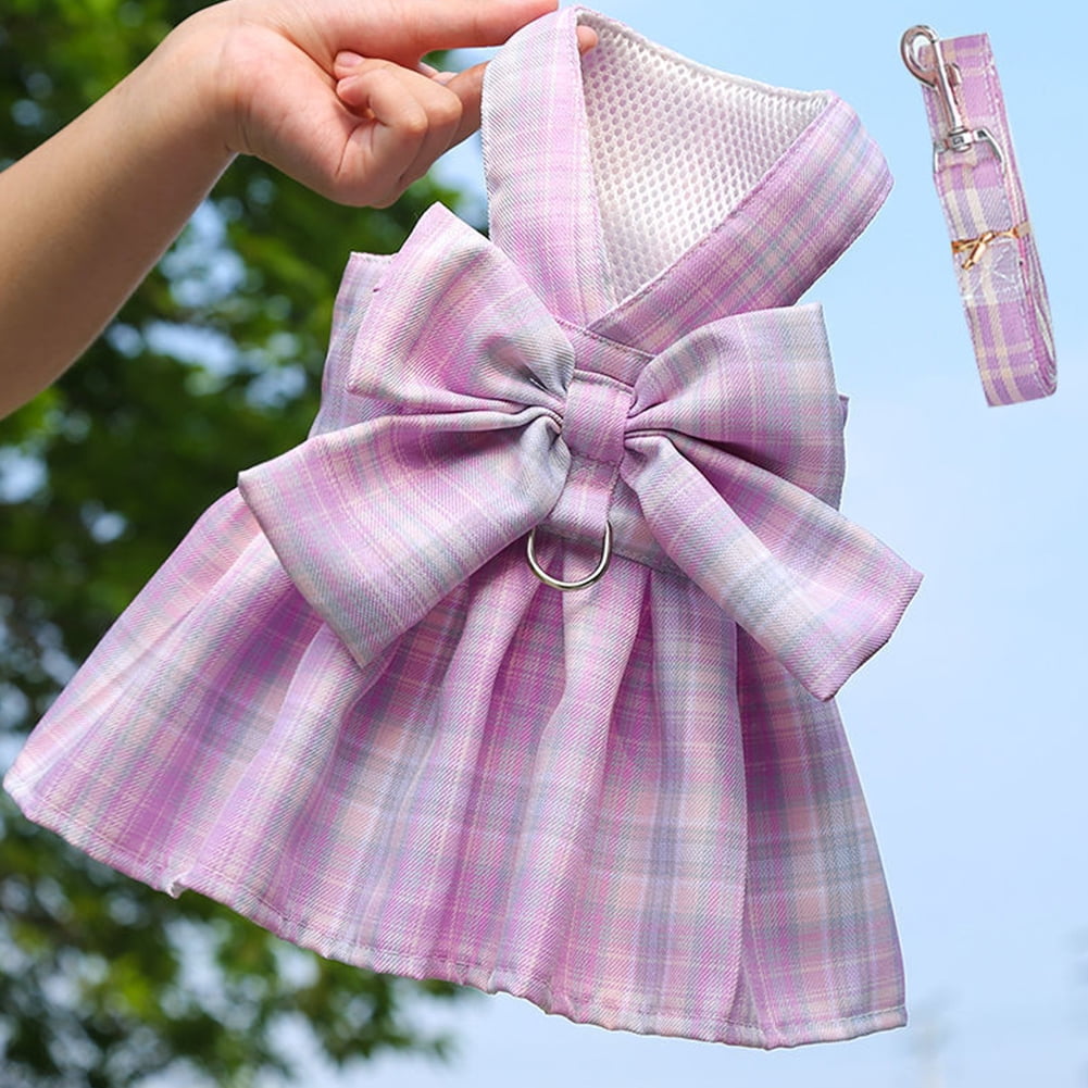 BURIBURI Dog Cat Harness with Leash Set, Doggy Dress Plaid Puppy Girl Skirt with Lead Rope, Cute No Pull Comfort Dog Harness Breathable Lightweight Vest Jacket for Rabbits Outdoor Training Walking