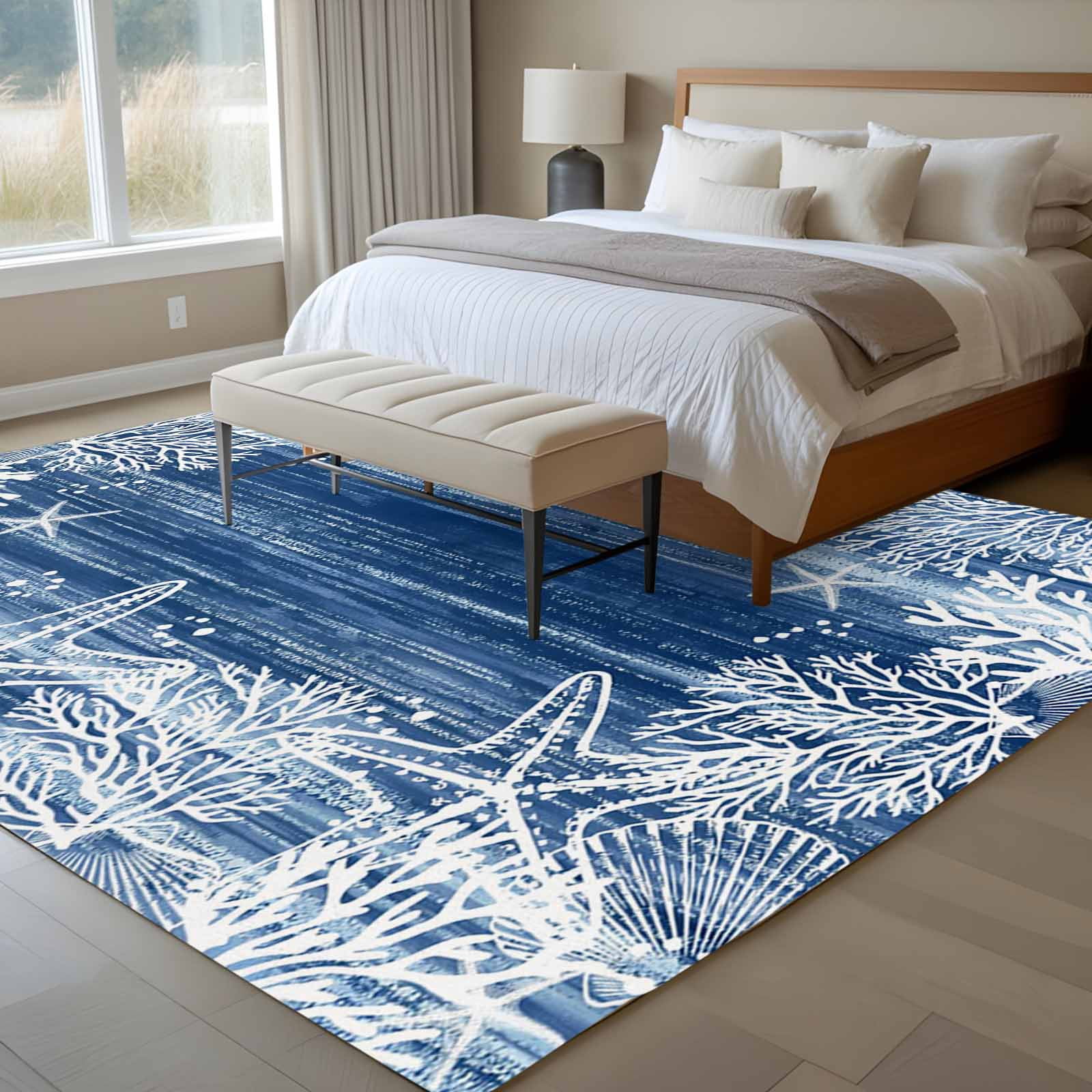 Blue Coastal Area Rugs 5'x8', Washable Small Throw Rugs for Classroom Bedroom, Summer Ocean Sea Waves Starfish Corals Indoor Outdoor Rug Non-Slip Low Pile Carpet Runner Reversible Floor Mats