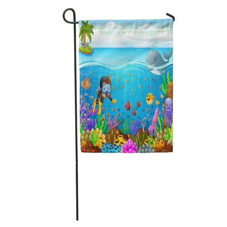 SIDONKU Blue Water Cartoon Diver Under The Sea Kid Coral Scuba Garden Flag Decorative Flag House Banner 12x18