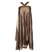 Mogul Womens Wrap Skirt Two Layer Brown Printed Silk Sari Beach Magic Wrap Around Skirt