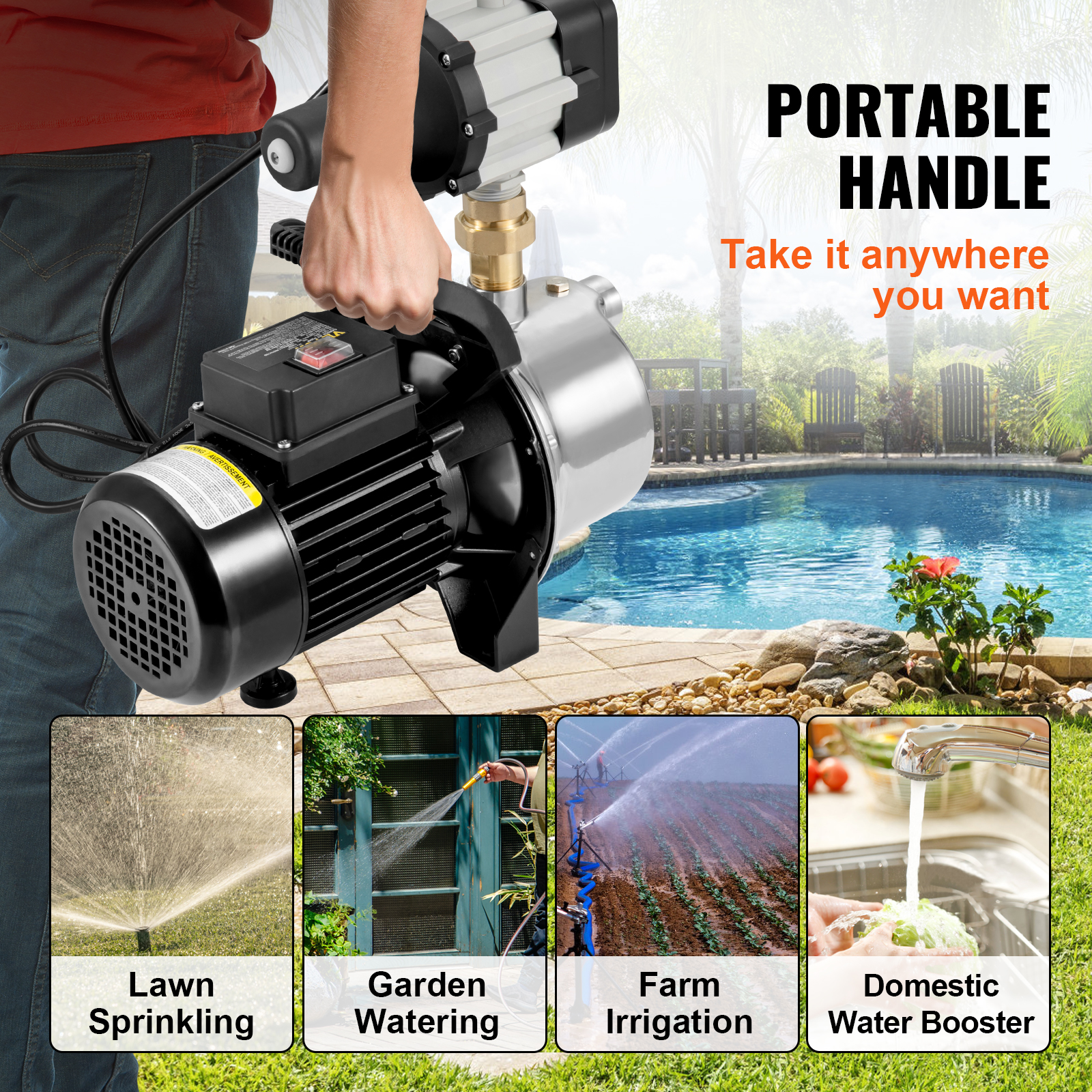 VEVORShallow Well Pump, 1.5 HP 115V, 1200 GPH 164 ft Head, Max 87 psi, Portable Stainless Steel Sprinkler Booster Jet Pumps with Automatic Controller for Garden Lawn Irrigation system, Water Transfer - image 5 of 9