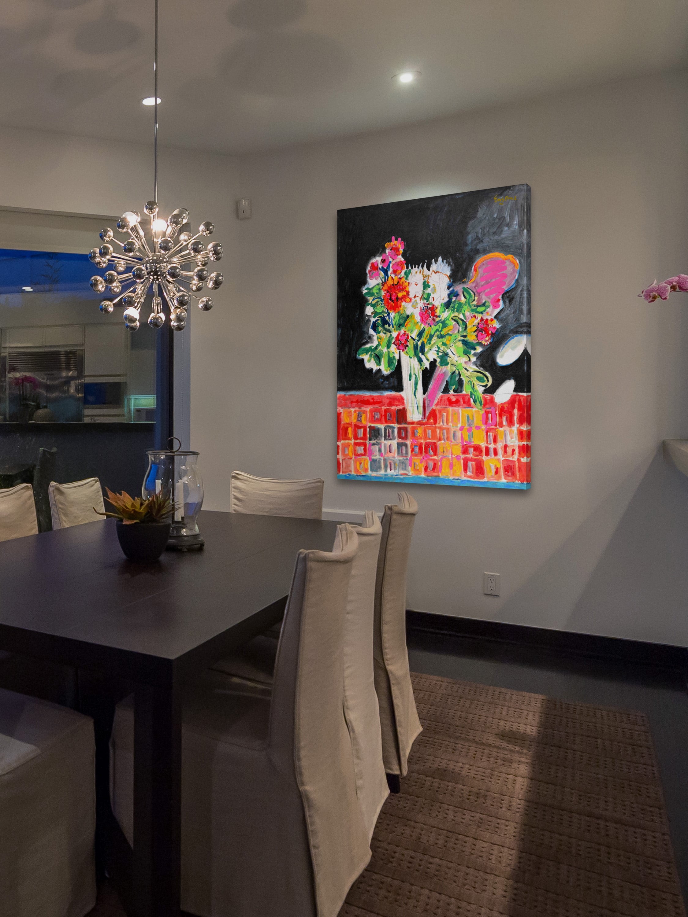 "Flowers on a Checkered Cloth" Painting Print on Wrapped Canvas
