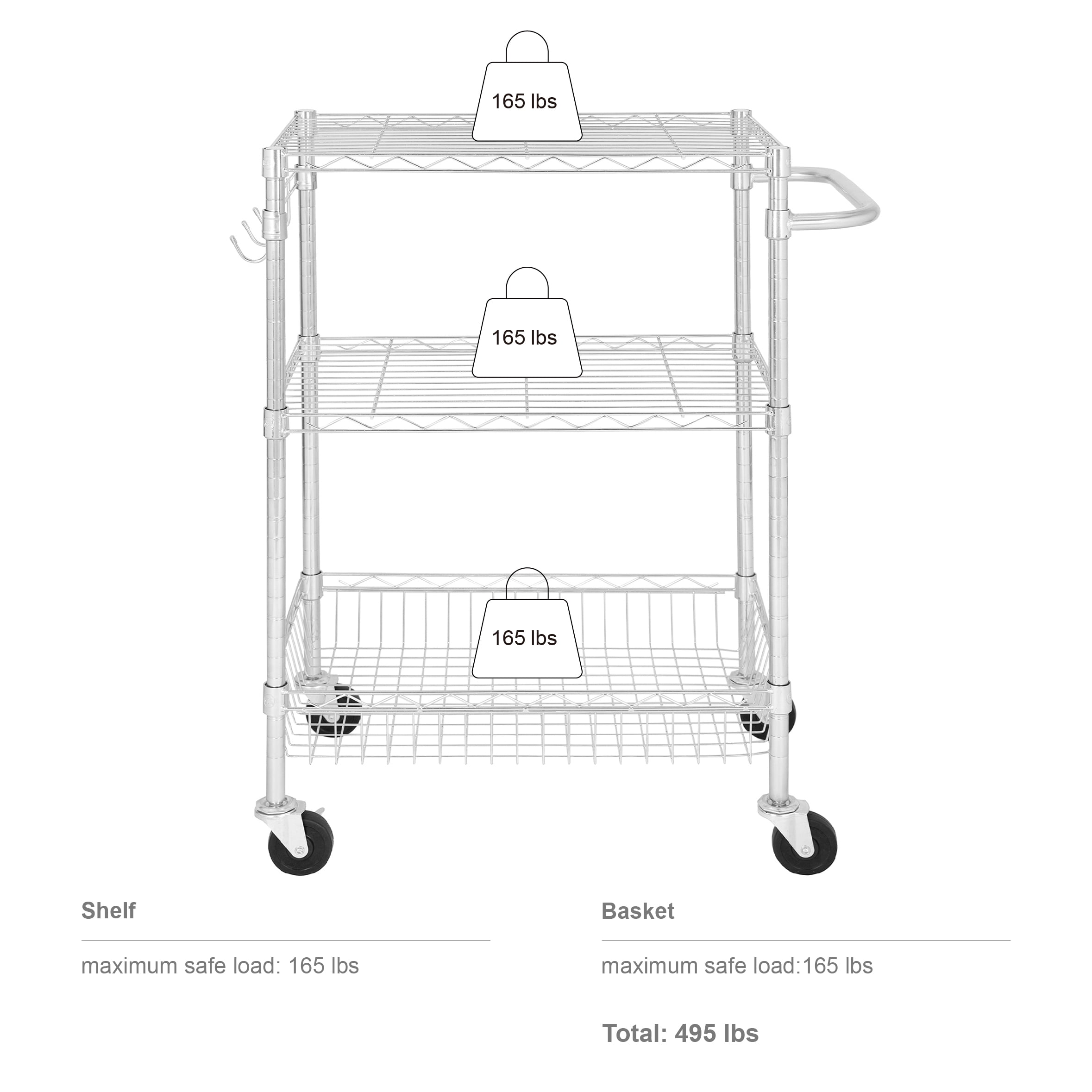 Hyper Tough 3-Tier Multipurpose Rolling Cart, Chrome Color, 495 lb Load Capacity
