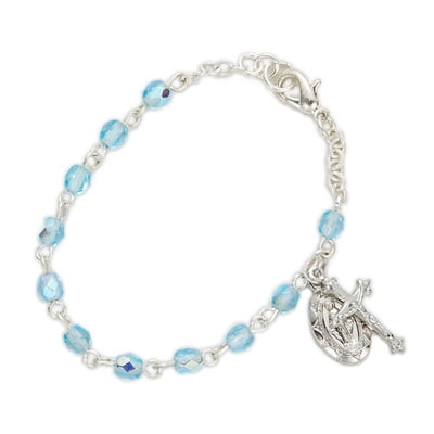 Silver Plated 3mm March Birth Month Rosary Beads Bracelet with Miraculous and cross crucifix Charms Bracelet Comes in a deluxe velvet box
