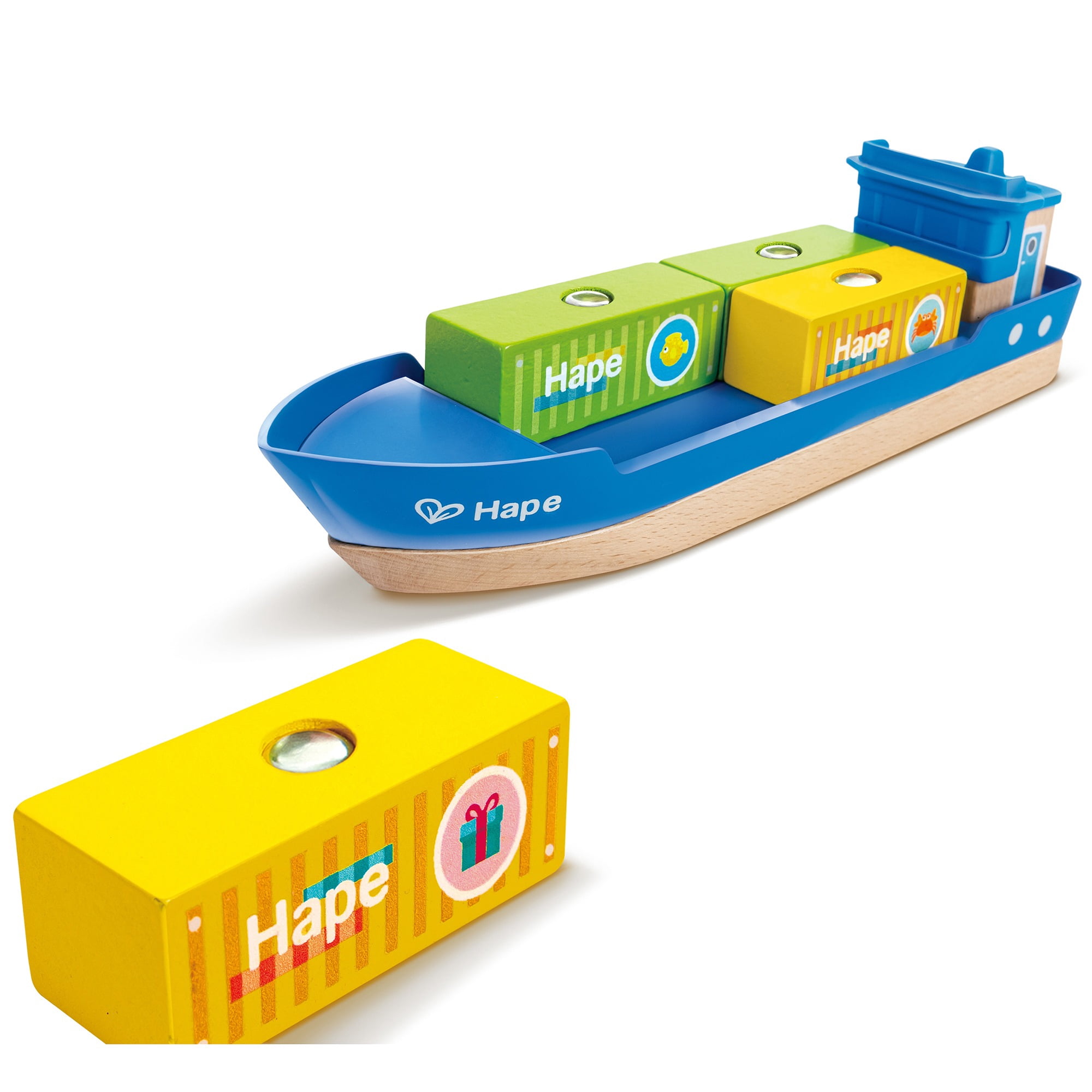 Hape: Cargo Ship & Crane - 6 pc Train Playset, Functional Crane, Wooden Toy, Magnetic Linking, Cargo Accessories, Push & Pull, Kids Ages 3+