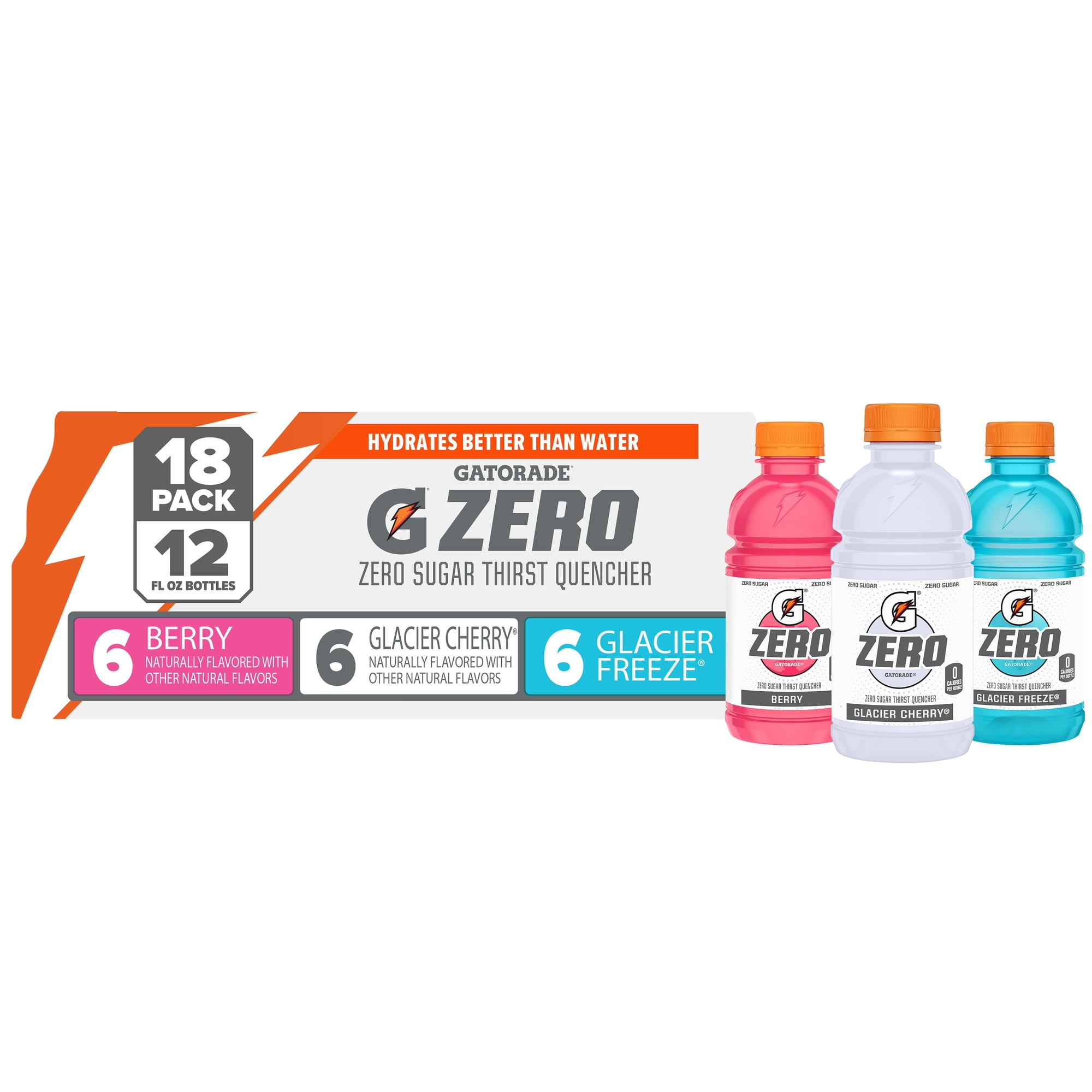 Gatorade Zero Sugar Electrolyte Sports Drink, Berry, Glacier Cherry and Glacier Freeze Variety Pack, 12 fl oz, 18 Count Bottles