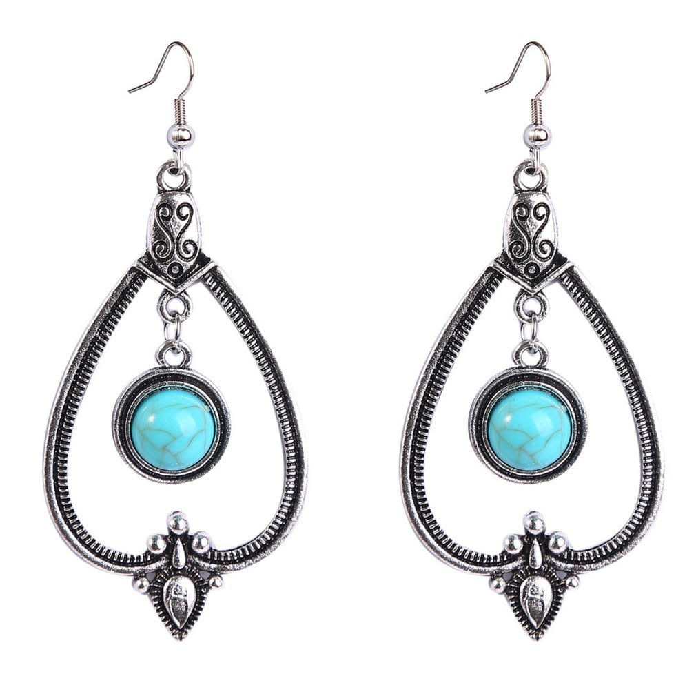 Bohemian retro dangle silver turquoise earrings Valentines