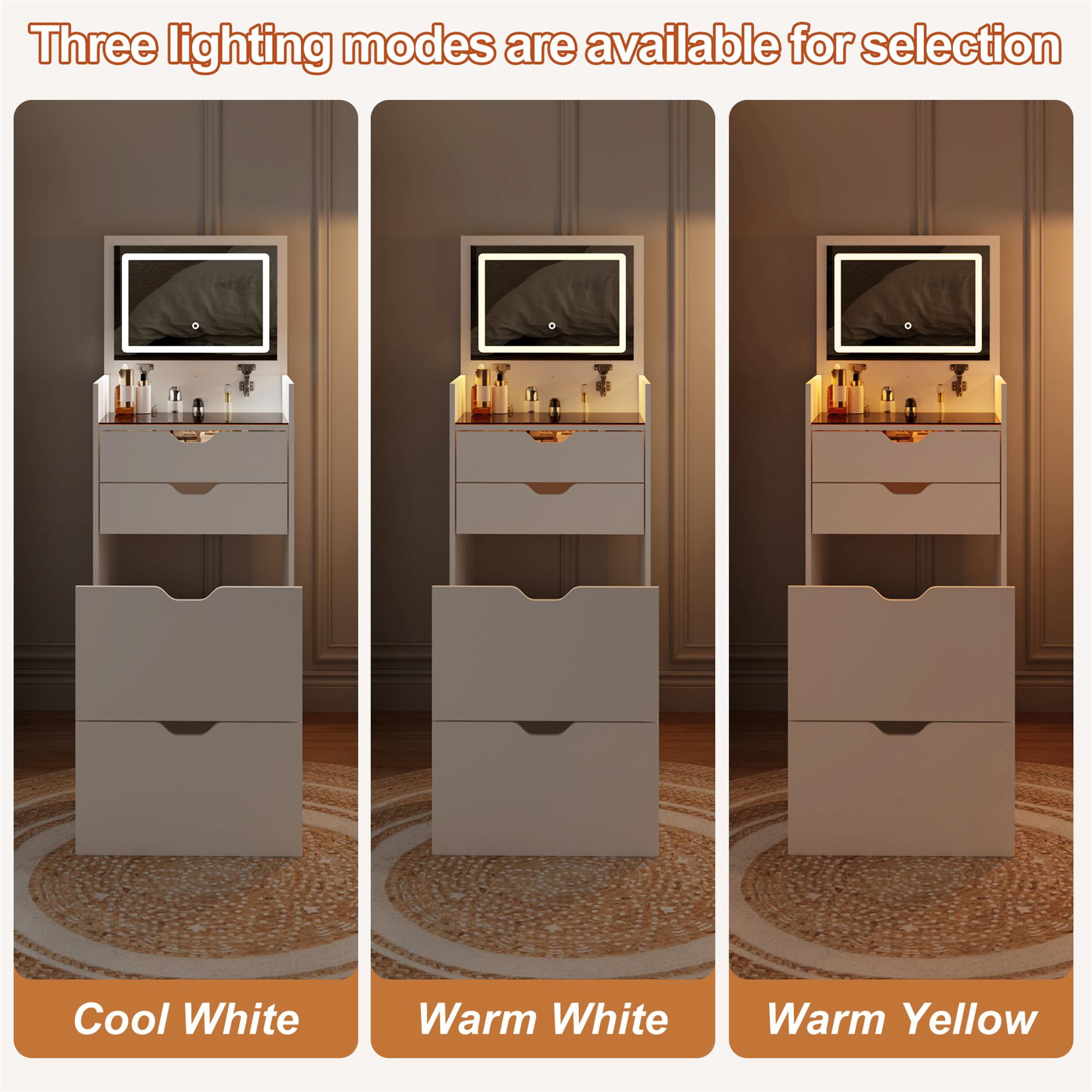 UHOMEPRO White Vanity Set with Mirror and a Hidden Storage Stool, 3-in-1 Multifunctional Dressing Table Set with with 3 Color Lighting Brightness Adjustable, Pretty Vanity Set for Girls, Women's Gift