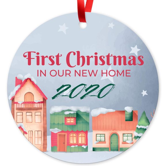 Soul Décor Christmas Tree Ornaments, First Christmas in Our New Home 2020 Ornament, Large 3.75" Round Metal Ornament, Velvet Pouch Included