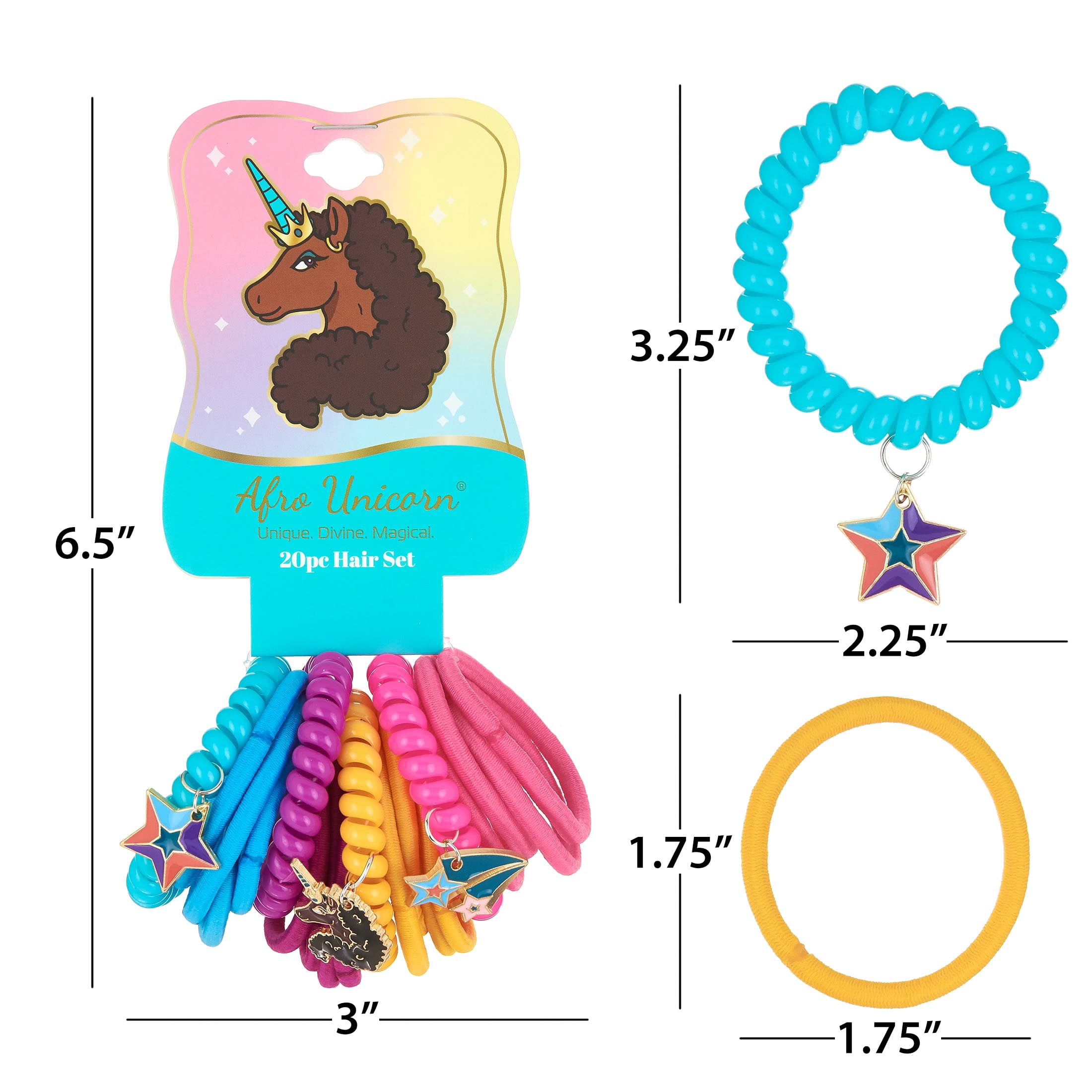 Afro Unicorn Hair Elastics & Coils with Charms Spiral Ponytail Holder, Assorted Colors, 20pc, Kids Ponytail Holder