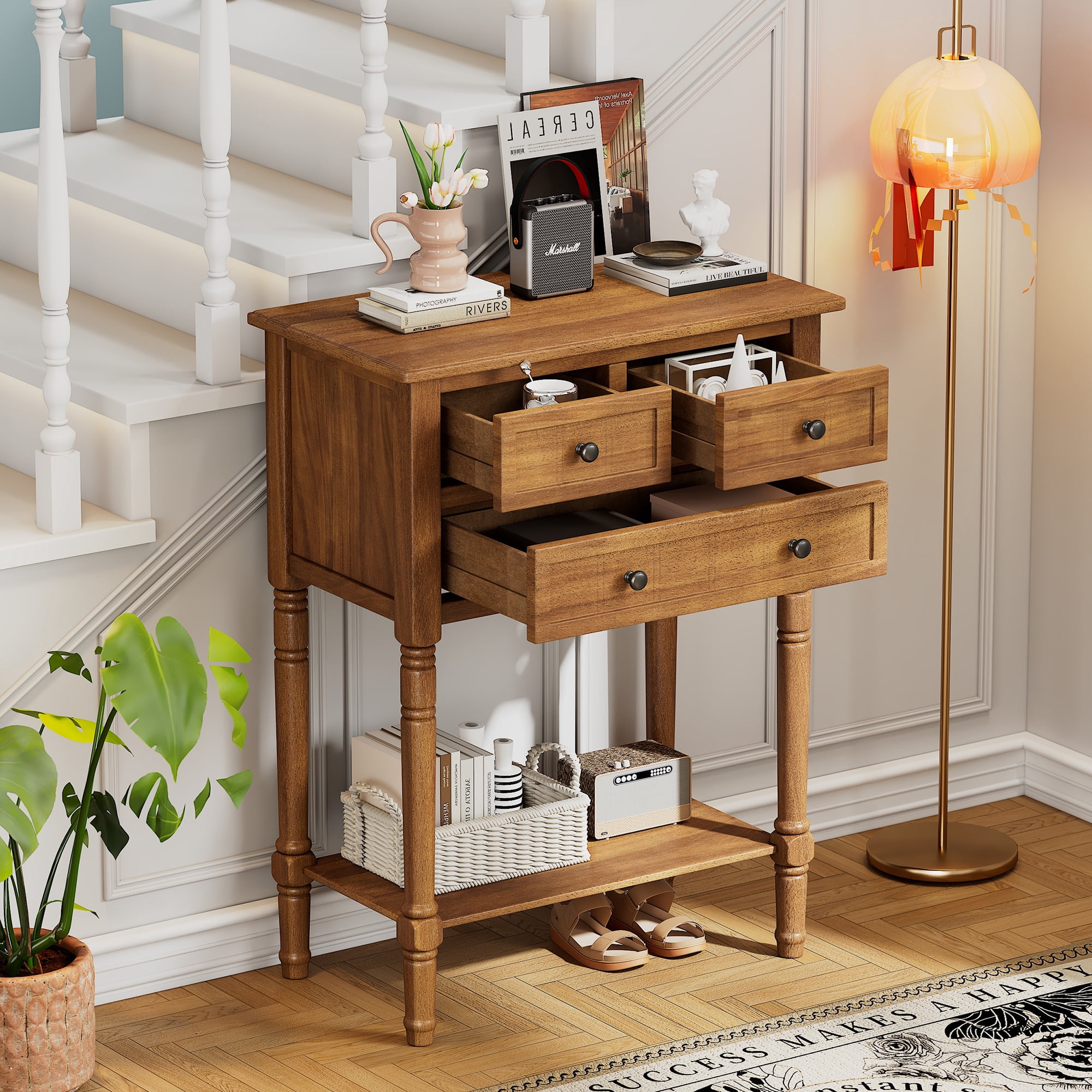Harper & Bright Designs Narrow Console Table with Storage Drawers and Bottom Shelf for Entryway Living Room, Retro Console Table for Small Space, Natural