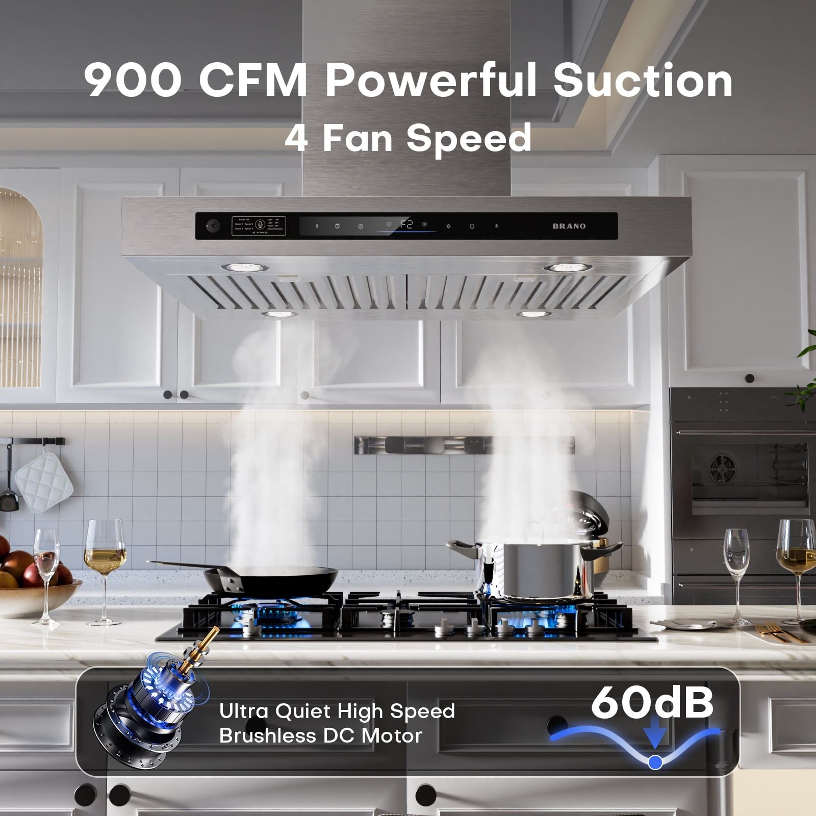 BRANO 30” Island Range Hood 900 CFM – Smart Gesture & Voice Control, Stainless Steel Vent Hood, 4-Speed Fan, LED Lights, Ducted/Ductless Convertible