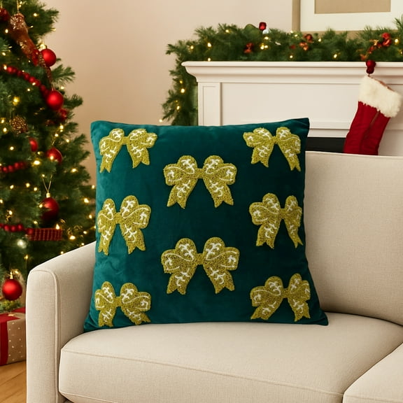 Velvet Christmas Pillow Cover with Bow, Green or Blue Color Option, Plush Holiday Decor for Sofa Bedroom Festive Atmosphere A