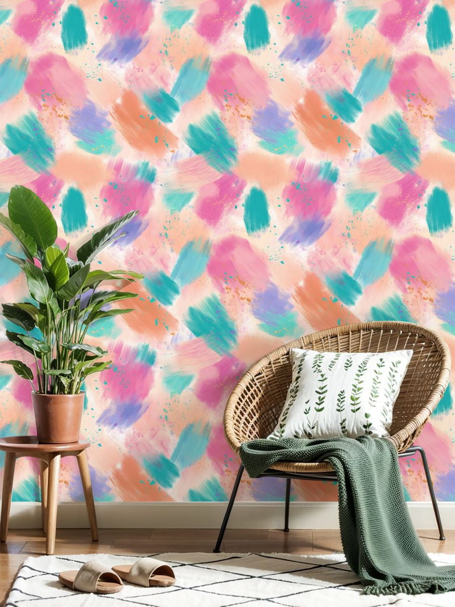 Peel and Stick Wallpaper Abstract Brush Strokes Pink Blue Teal Gold Accents Wall Mural 23.6in x 9.8ft Self Adhesive Removable Wall Paper Renter Friendly Wallpaper for Nursery Bedroom Cabinets