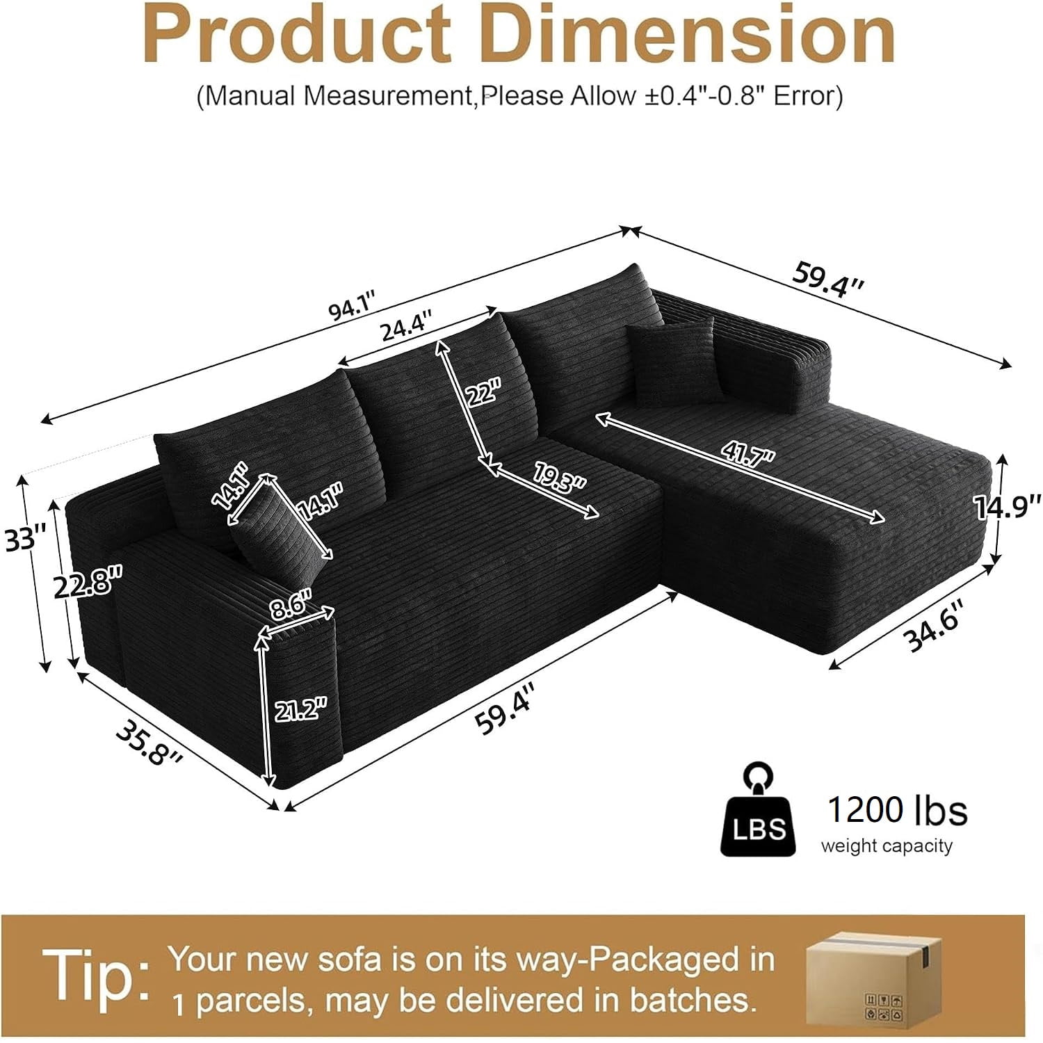 MOONMISS 95" Cloud Sectional Sofa,Modern Minimalist Upholstered Couches, L Shaped Deep Seat Corner Couch Sofa for Living Room,Black Corduroy