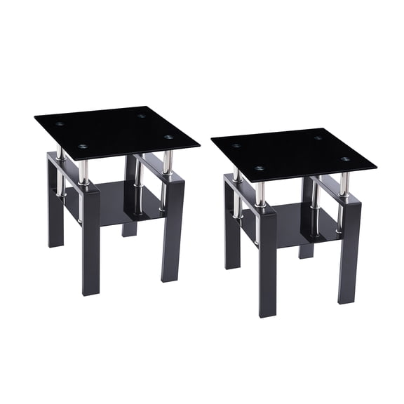2-Piece Modern Black Tempered Glass Sofa End Table Set with Sturdy Metal Legs, Geometric Side Nightstand for Living Room Bedroom Office
