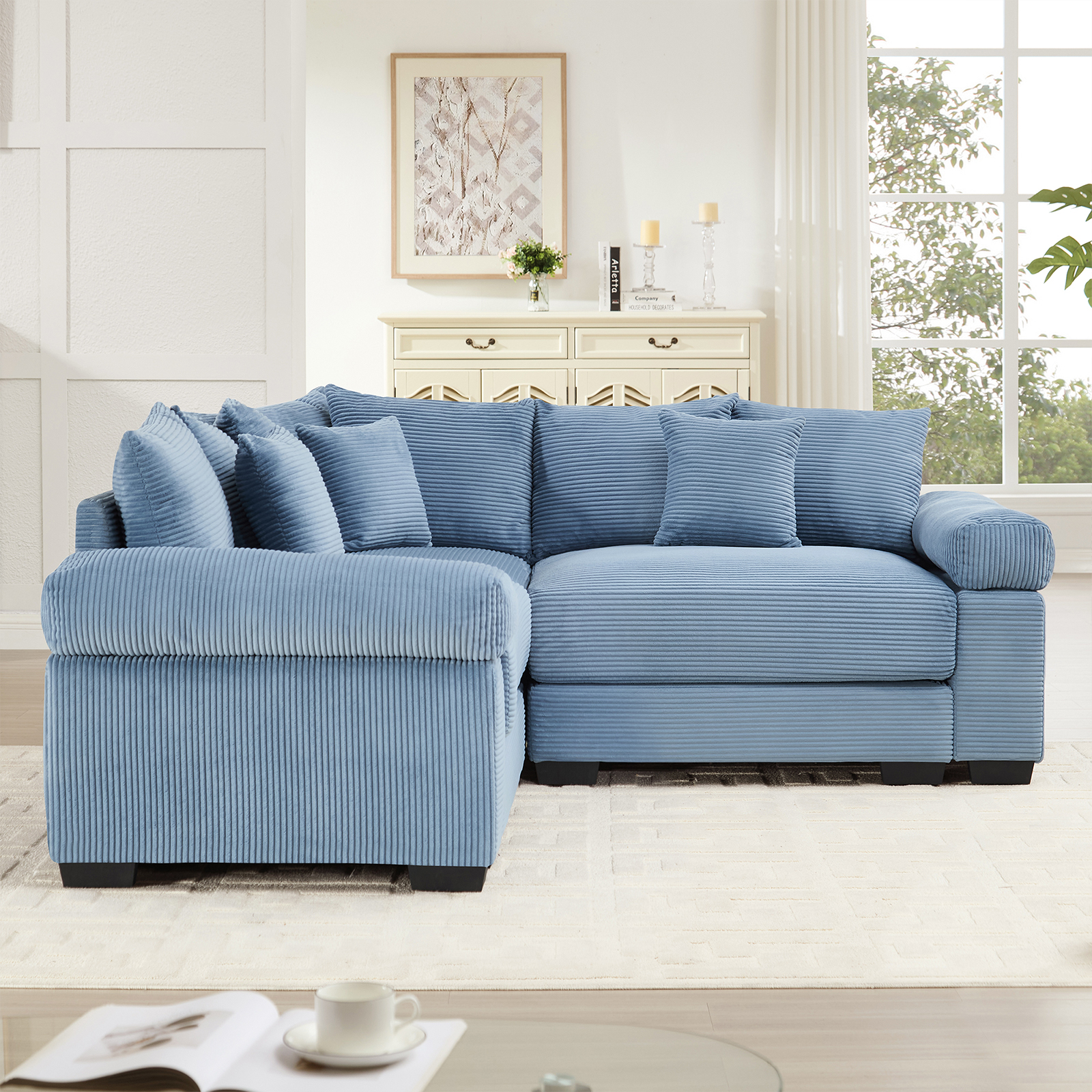 79" Modern Corduroy Sectional Couches for Living Room, Comfortable Corner Couch Sofa, Blue 2 Seater Corner Couch for Flexible Layout, Muebles para la Sala, Oversized Sofa Set