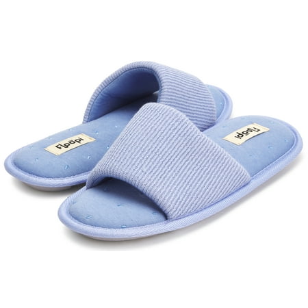

Floopi Women s Open Toe Soft Knit Slide W/Embroidery Stitch Jersey Insole Memory Foam Slipper
