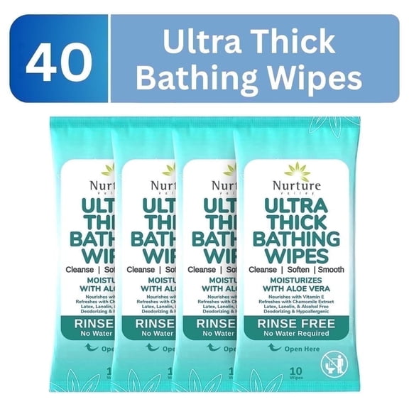 Nurture Ultra Thick Adult Body Wipes, 40 XL No-Rinse Bathing Wipes with Aloe Vera & Vitamin E, Disposable Wet Cleansing Cloths for Women, Men & Elderly