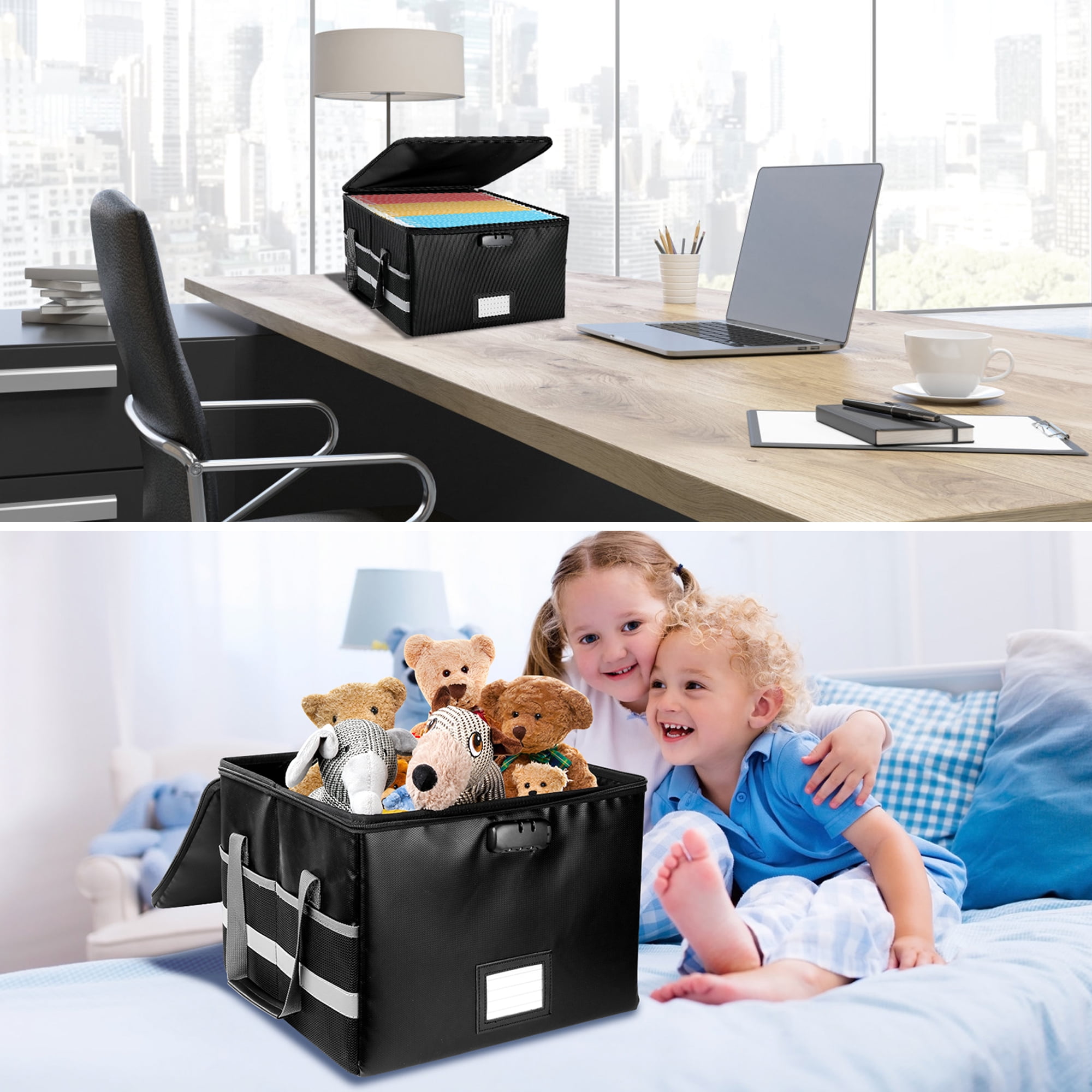 Kusmil File Box with Lock, Fireproof File Document Organizer for Home Office Hanging Letter/Legal Folder (Black)