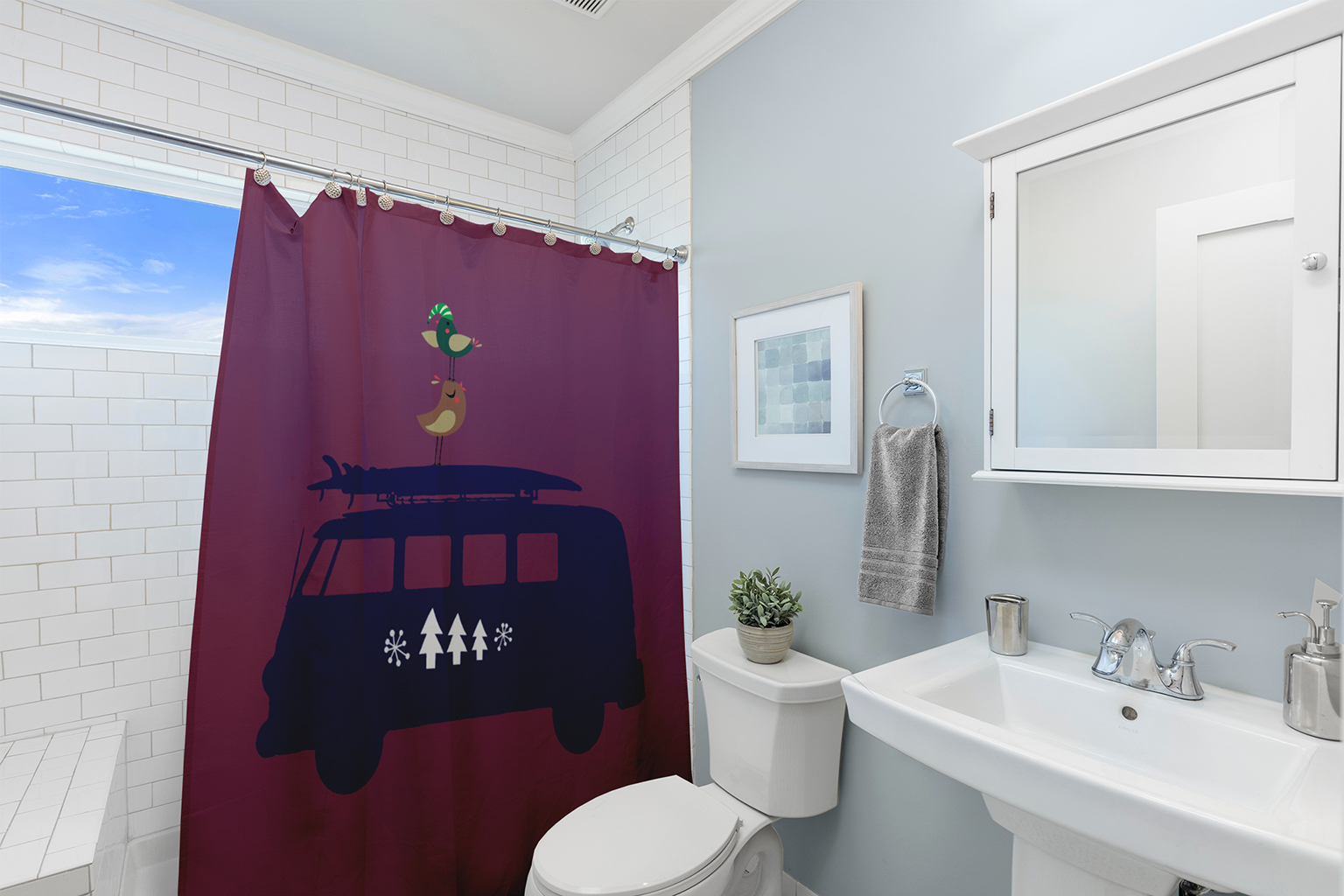 Simply Daisy 70" W x 73" L Christmas Surf Bird Polyester Shower Curtain, Passion Flower [1 Ct]