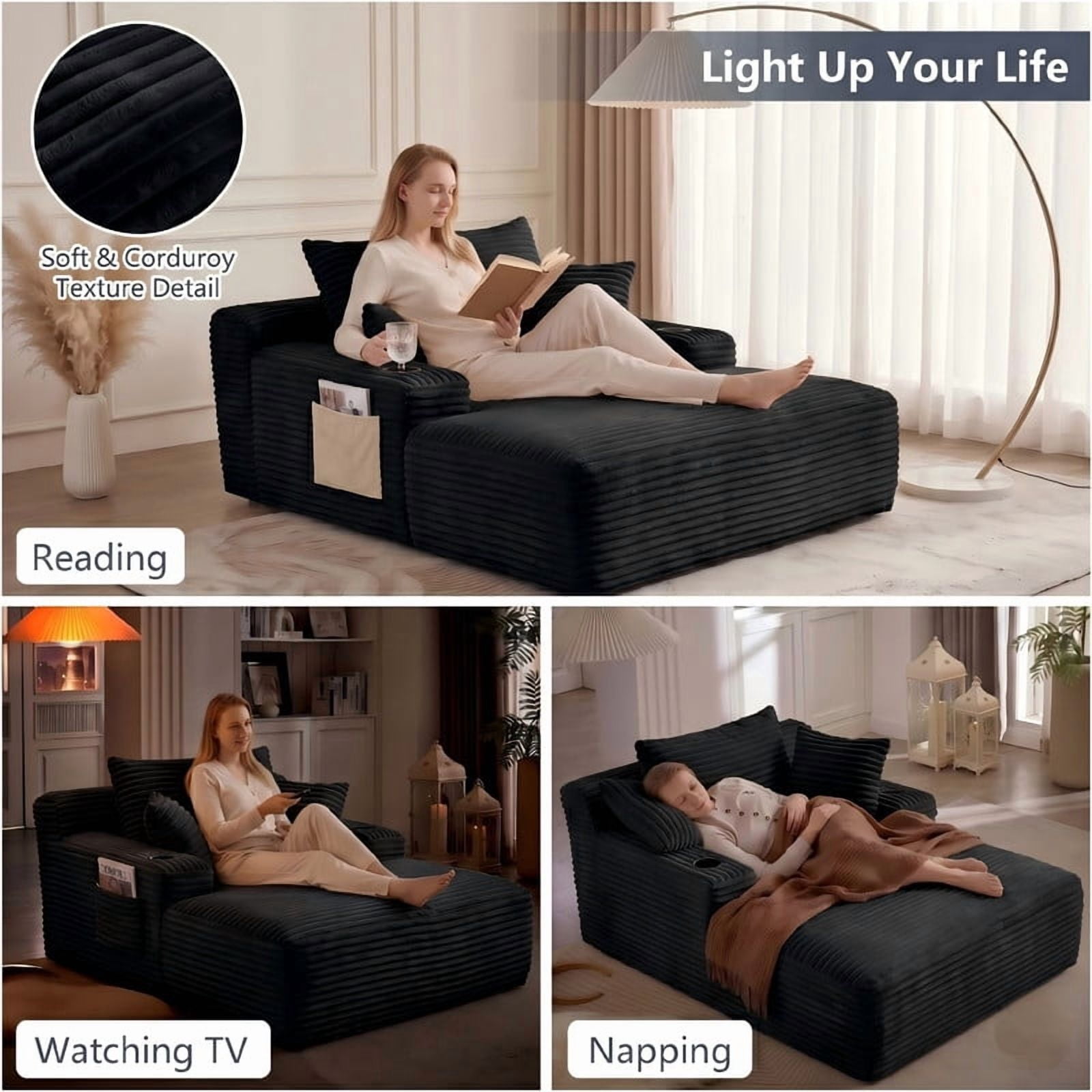 Modern Plush Faux Fur Oversized Chaise Lounge Sofa Chair with Deep Seat Memory Foam and Pillows, No Assembly Required for Living Room Bedroom Studio, Black