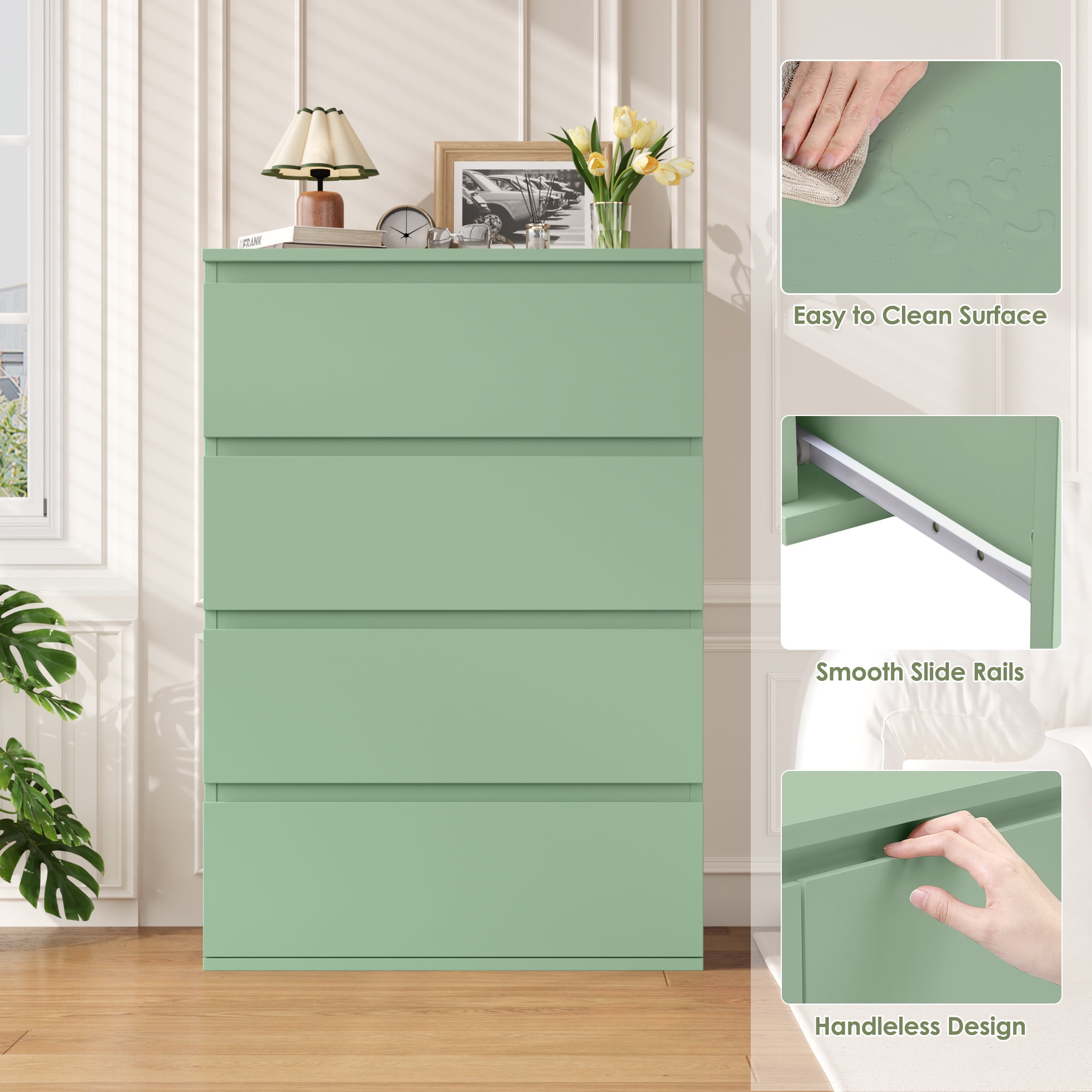 Homfa 4 Drawer Dresser, Modern Nightstand Chest of Drawers Wood Organizer for Bedroom Living Room，Green